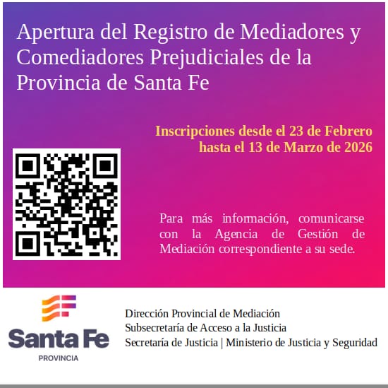 Apertura del Registro de Mediadores y Comediadores Prejudiciales de la Provincia de Santa Fe - 2026